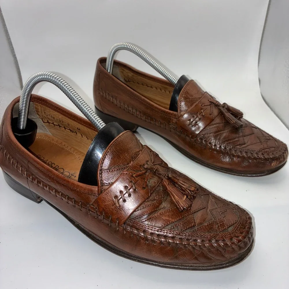 Brass Boot Mens Brown Leather Woven Tassel Loafers Made in Italy‎ Size 9 M